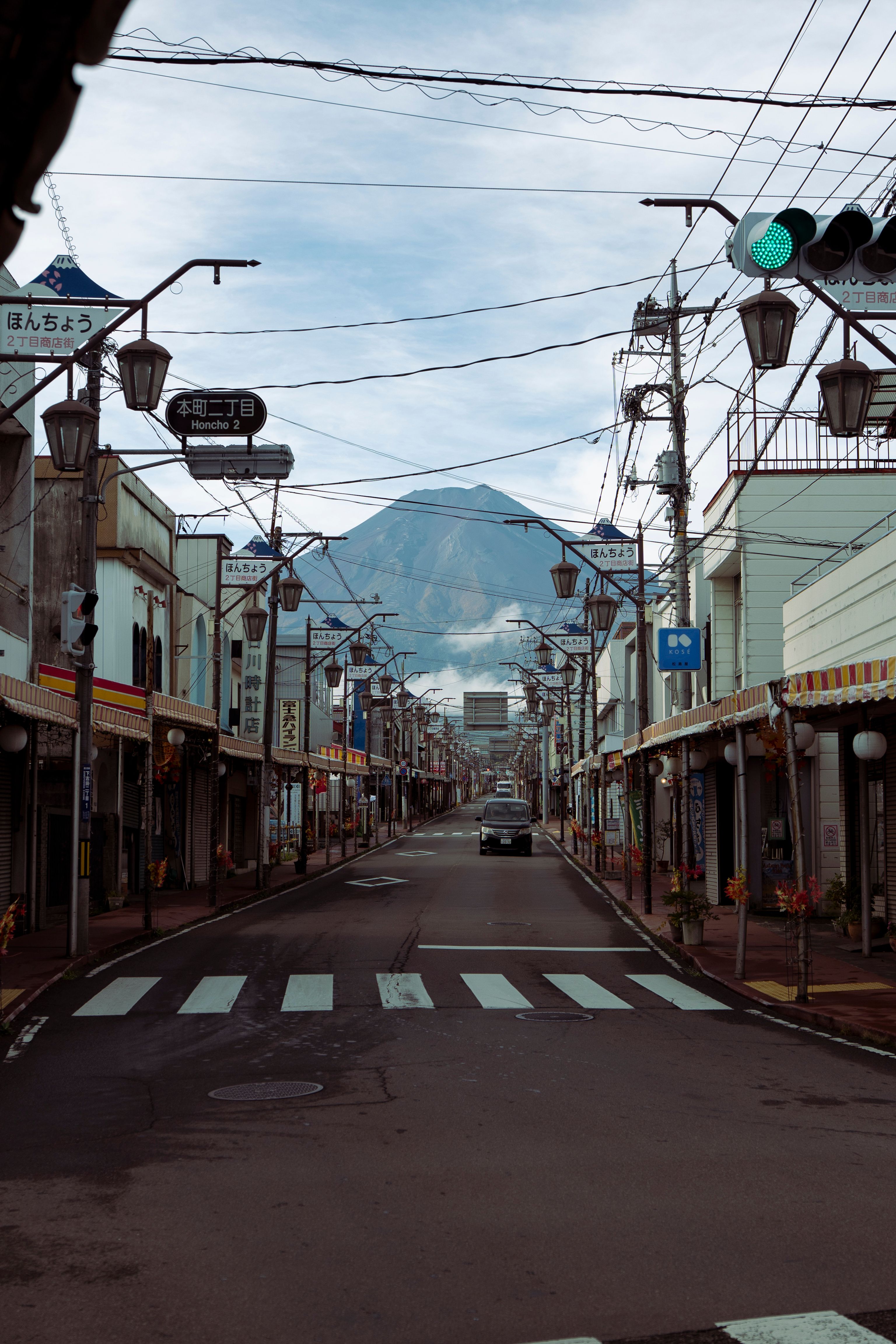 Fujiyoshida street with fuji in the back